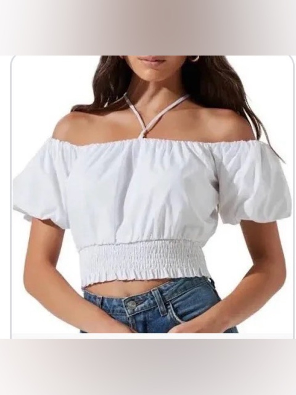 ASTR The Label Aldrin Halter Neck off The Shoulder Puff Sleeve Top Medium White